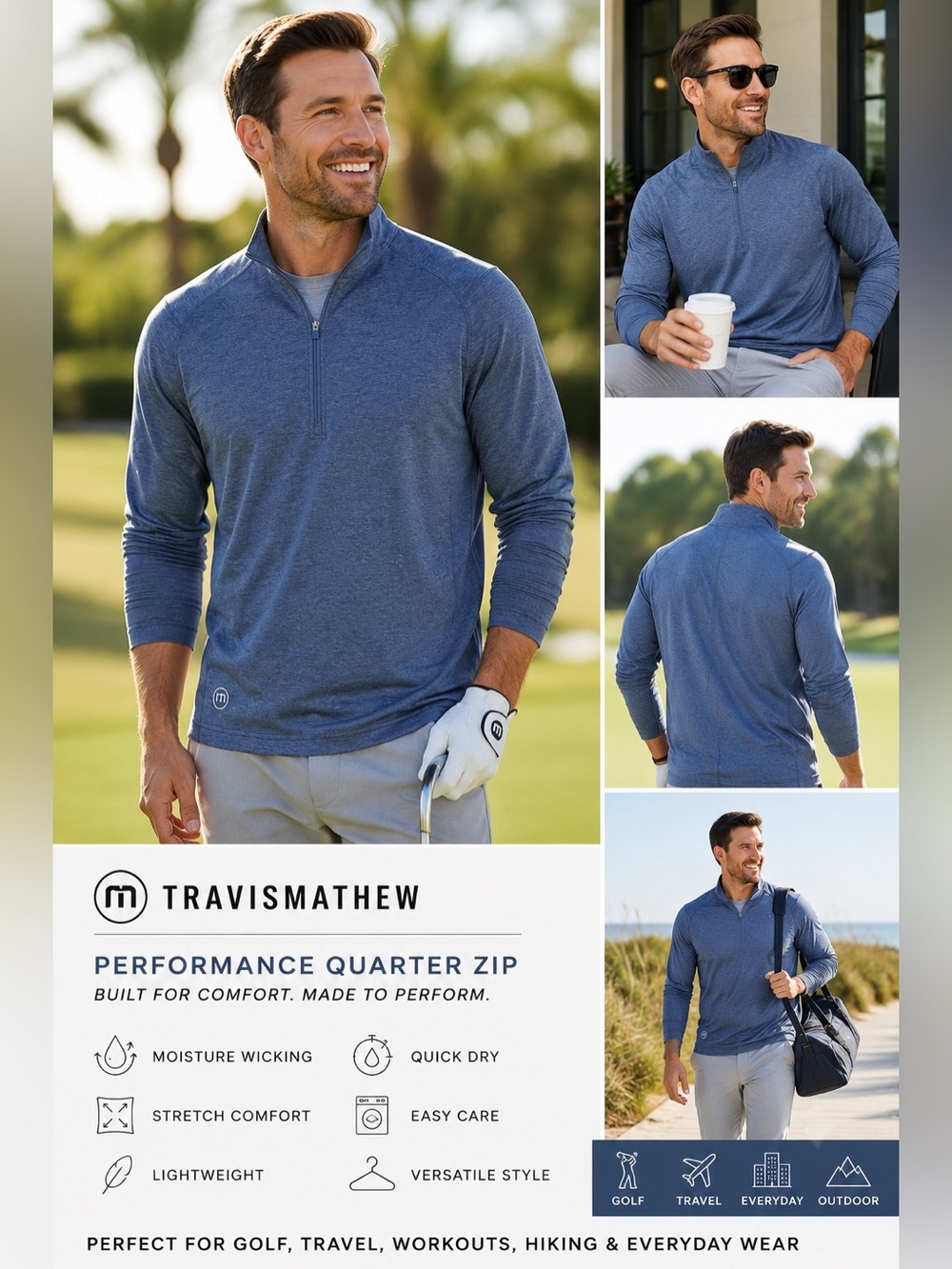 Travis Mathew Blue Heather Performance Quarter-Zip Pullover